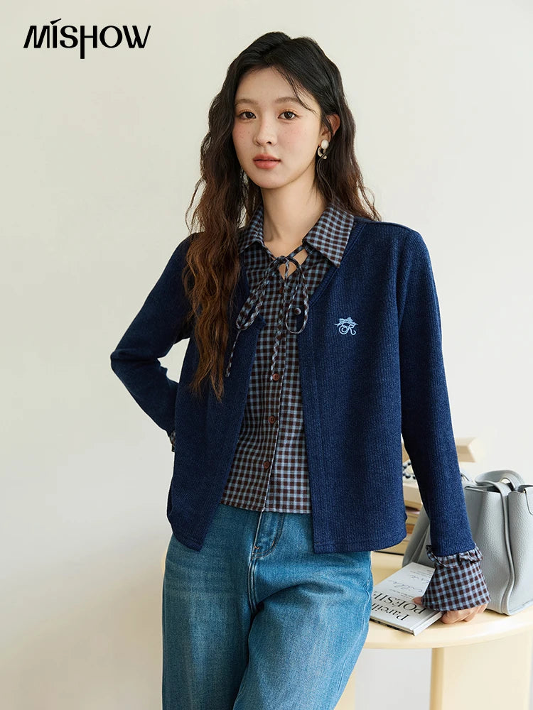 MISHOW Women's Fake Two Knitted Sweaters 2025 Autumn Plaid Splicing Embroidered Tops Retro Lapel Flare Sleeve Tops MXE45Z1401