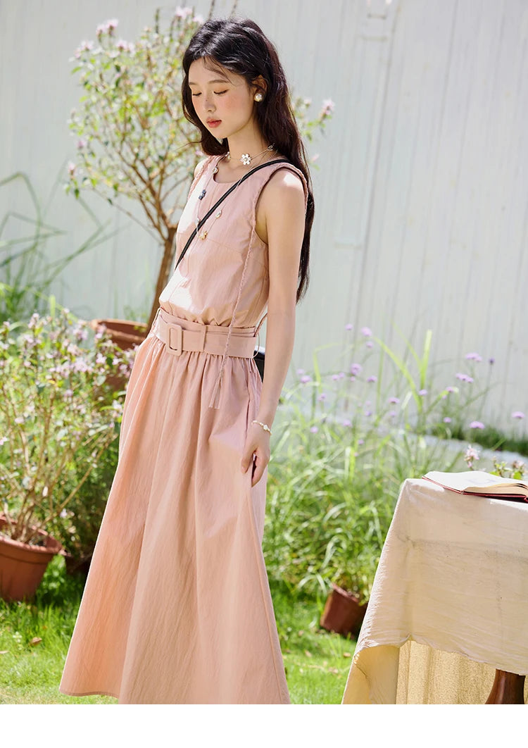 MISHOW Women's Vest Dress 2025 Summer Hand Woven Fried Dough Twists Waist Belt Slim Long Dress A-line Vacation Dress MXE34L2223