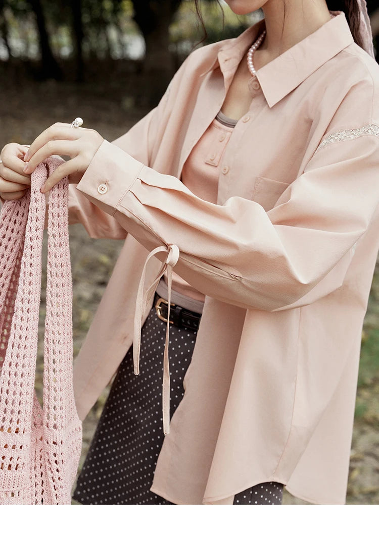 MISHOW Pink Long Sleeve Shirt for Women Spring 2025 Korean Splicing Lace Bow Tie Shirt Polo-neck Solid Versatile Tops MXE16C0767