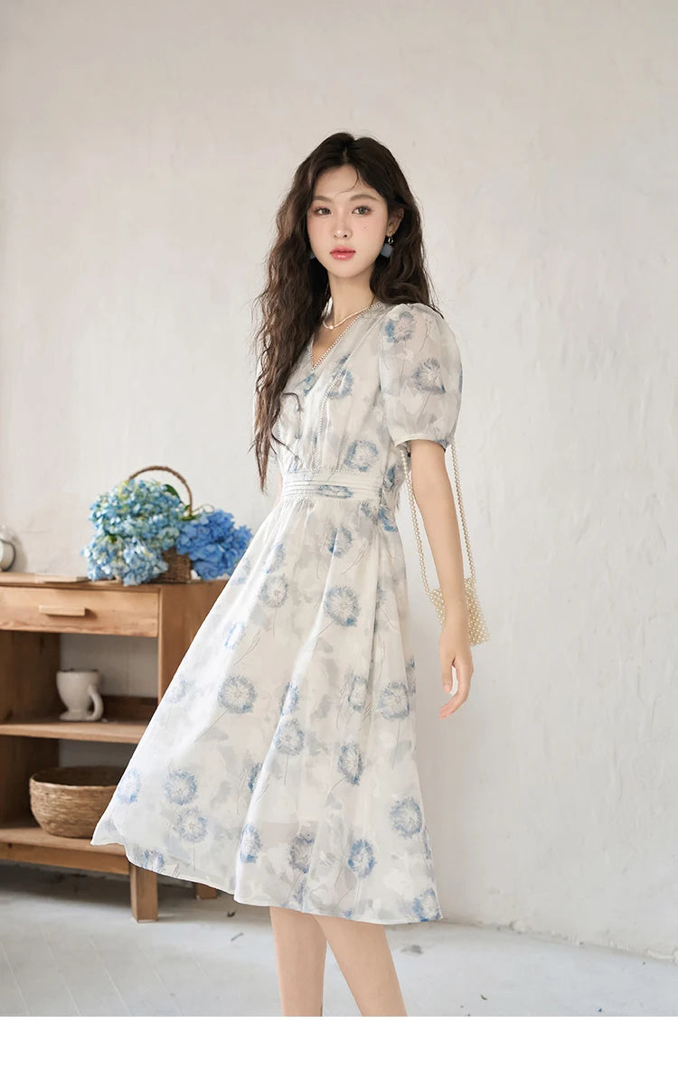 MISHOW 【Taraxacum Series】Chiffon Dress for Women 2023 Summer French Taraxacum Printing V-neck Waist Puff Sleeve Dress MXC39L1555