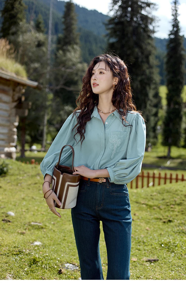 MISHOW Hong Kong Retro Solid Long Sleeve Shirt 2024 Autumn Temperament Loose Tops Lantern Sleeve Embroidery Shirts MXD41C0287