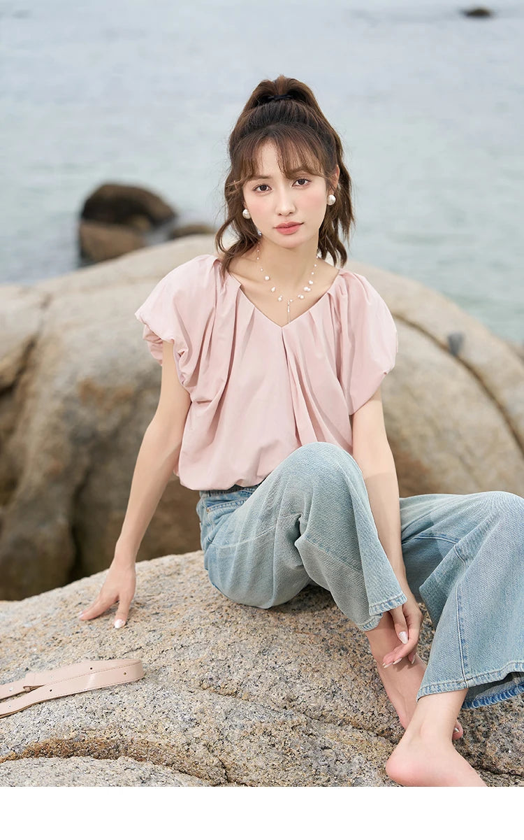 MISHOW Soft Blouses for Women 2025 Summer French Rear Collar Tie Up Solid Short Sleeve Solid V Neck Puff Sleeve Tops MXC38X1275