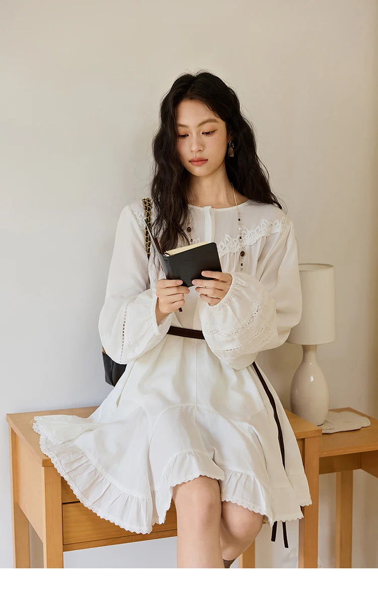 MISHOW Woman White Dress 2025 Autumn French Style O-neck Lace Ruffled Lantern Sleeves Dress Long Sleeves Party Dress MXE46L2519