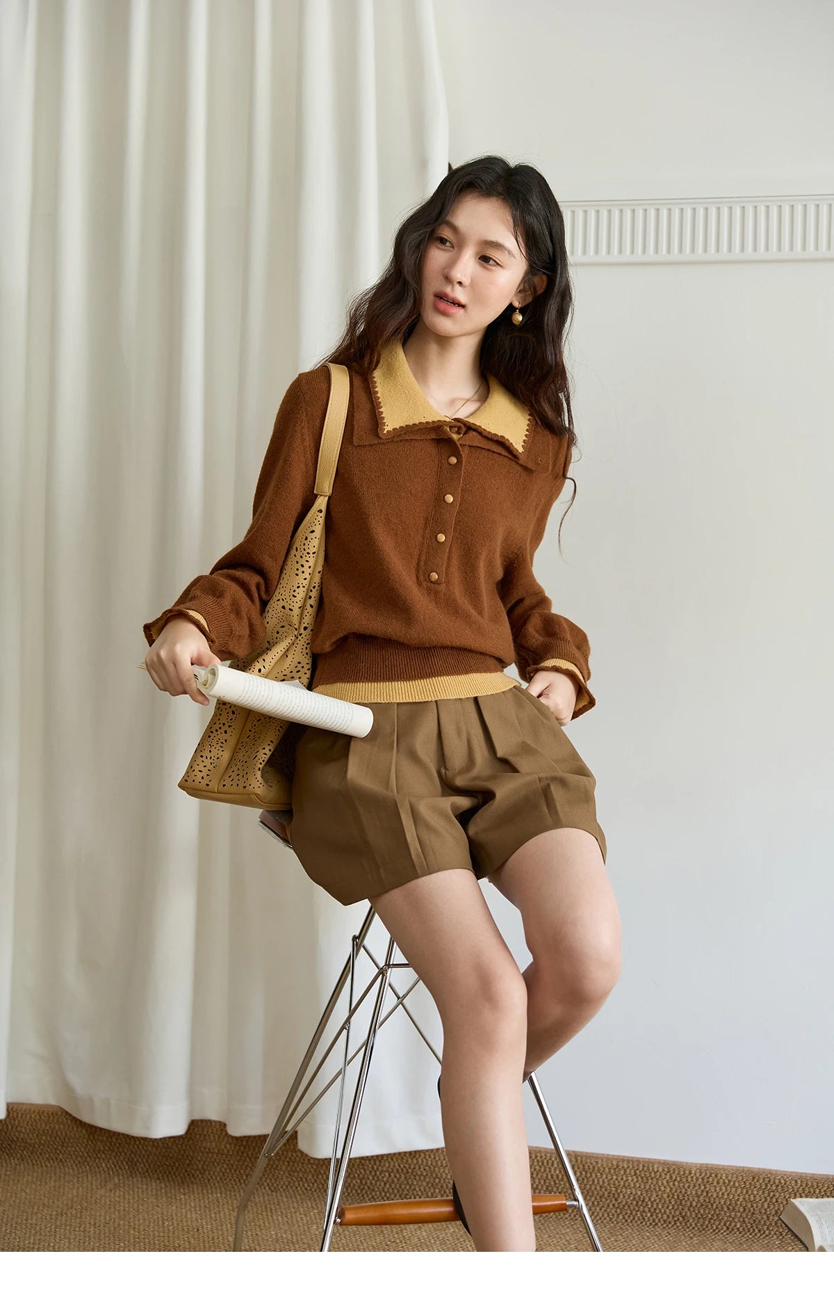 MISHOW Elegant Women's Sweaters 2025 Autumn Designer Knitted Double-layer Turn-down Collar Loose Long Sleeves Tops  MXE45Z2502