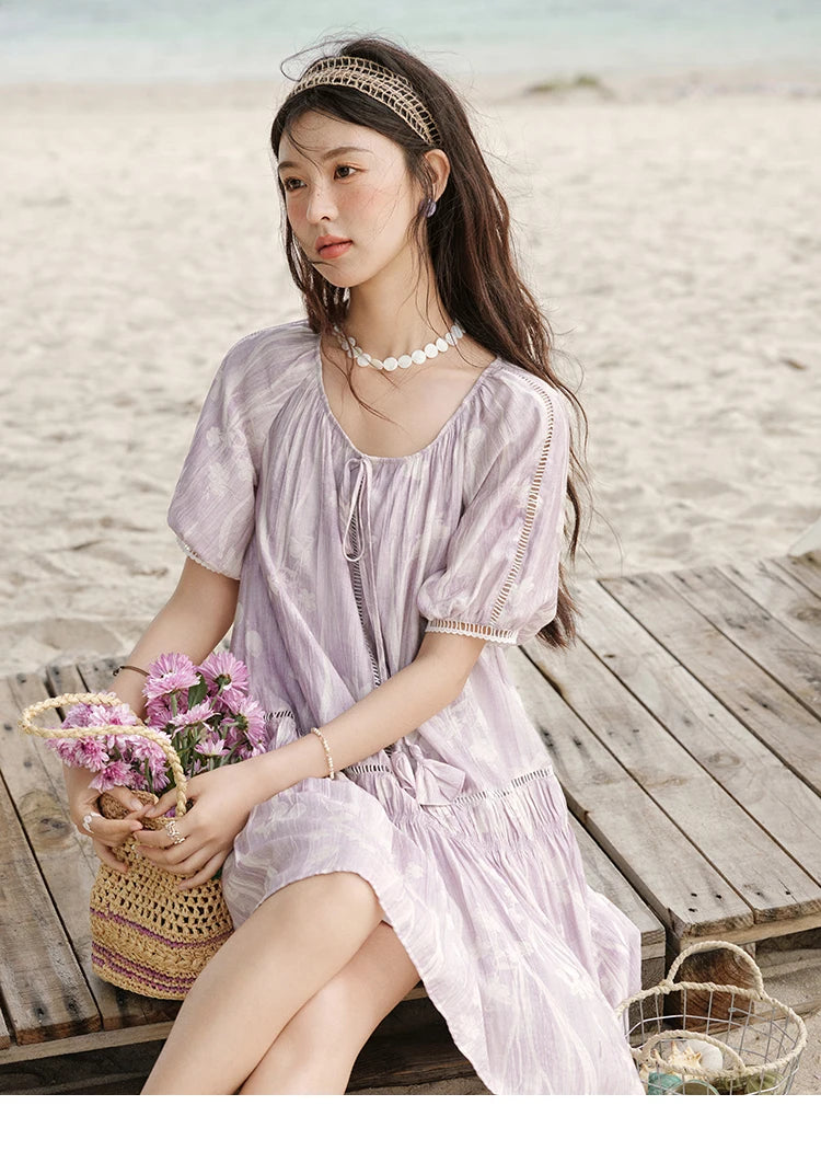 MISHOW Print Summer Chiffon Dress Women 2025 Short Sleeve U Neck Splicing Hollow Lace Midi Dresses Lady New Fashion MXE32L2164