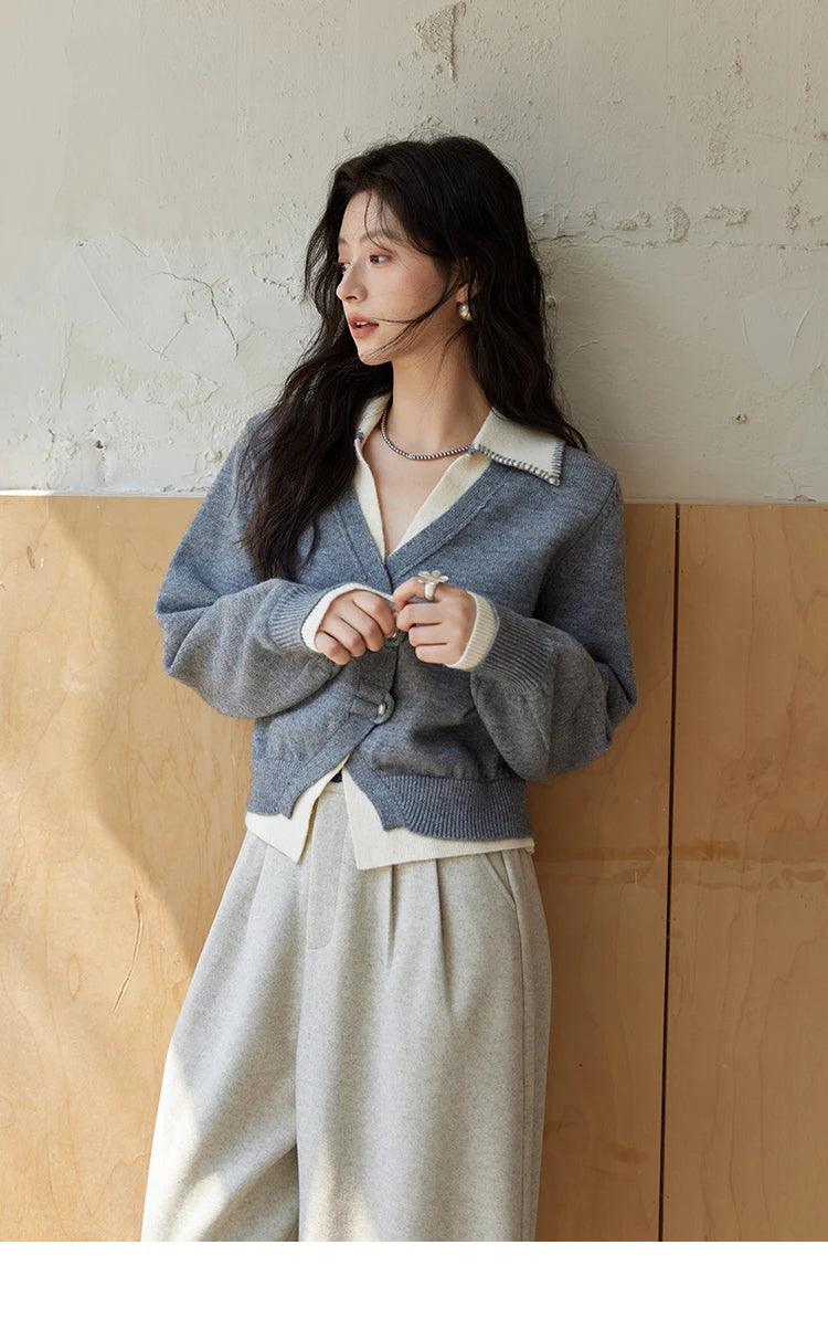 MISHOW Fake Two-piece Sweater Women Fashion Splicing Lapel Knitwear 2024 fall winter New Design Retro V-neck Cardigan MXD41Z0712