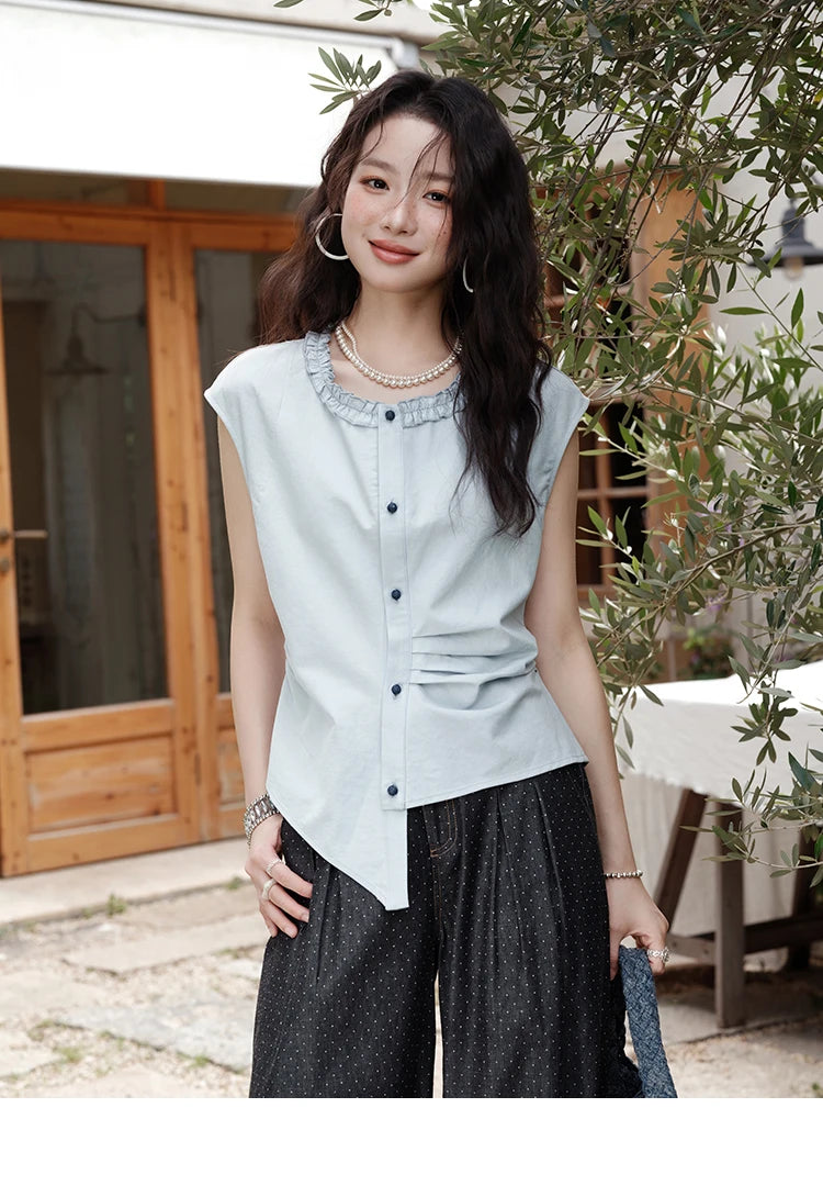 MISHOW Women's Casual Round Neck Shirt 2025 Summer New Office Lady Slim Shirt Sleeveless Button Top Female Clothing MXE38X1864