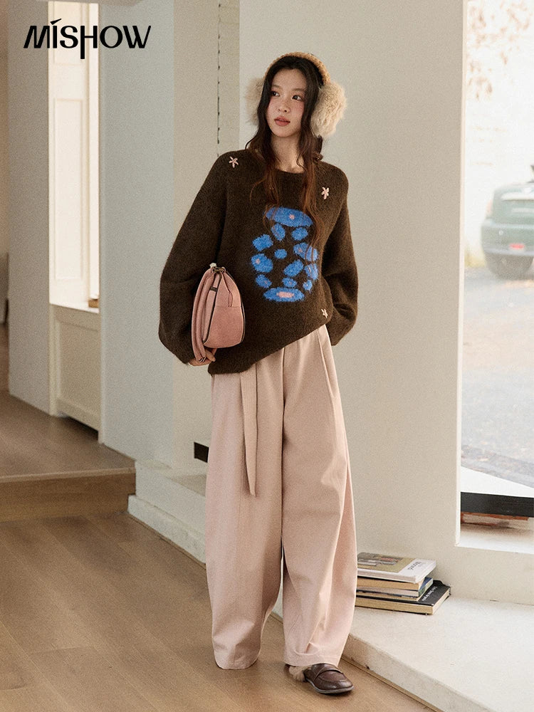 MISHOW Women's Lucky Bottle Jacquard Wool Warm Sweater 2025 Winter 3D Floral Color Block Retro Thickened Knitwear MXE91Z2840