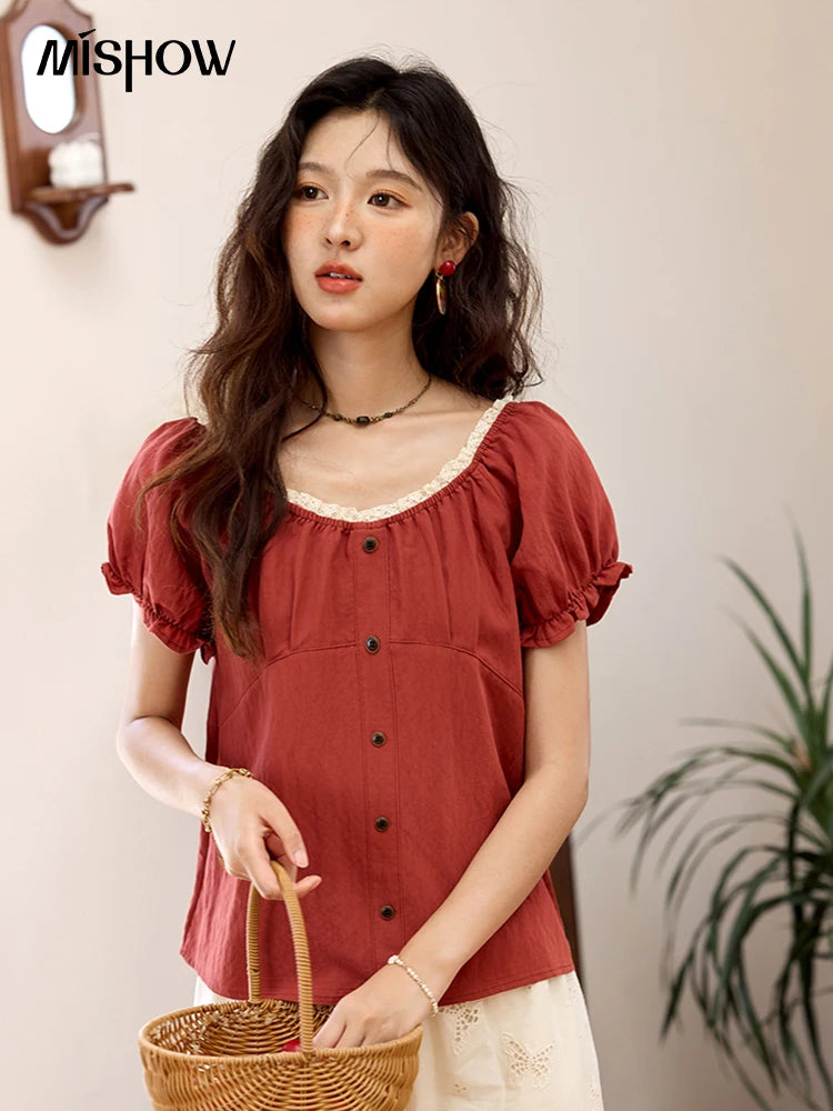 MISHOW French Summer Shirts for Women 2025 Short Puff Sleeve Lace Colla Slimming Blouses Female Sweet Fashion New MXE35X1827