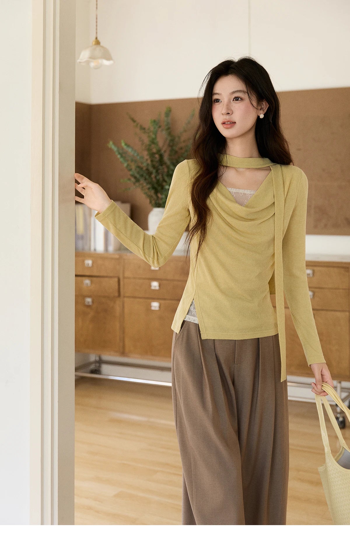 MISHOW Women's Yellow Splicing Lace Long Sleeve Knitted Top Spring Ribbon Draped Collar Casual Slim Thin Sweater MXF108Z1030