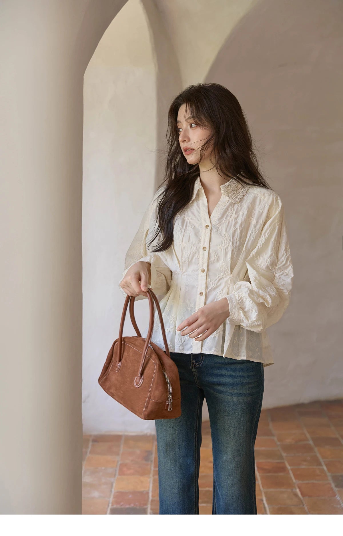 MISHOW Women's Lantern Sleeve Blouse 2025 Autumn French Lace Hollow Out Lapel Collar Shirts Waist Hem Ruffle Tops MXE42C2372