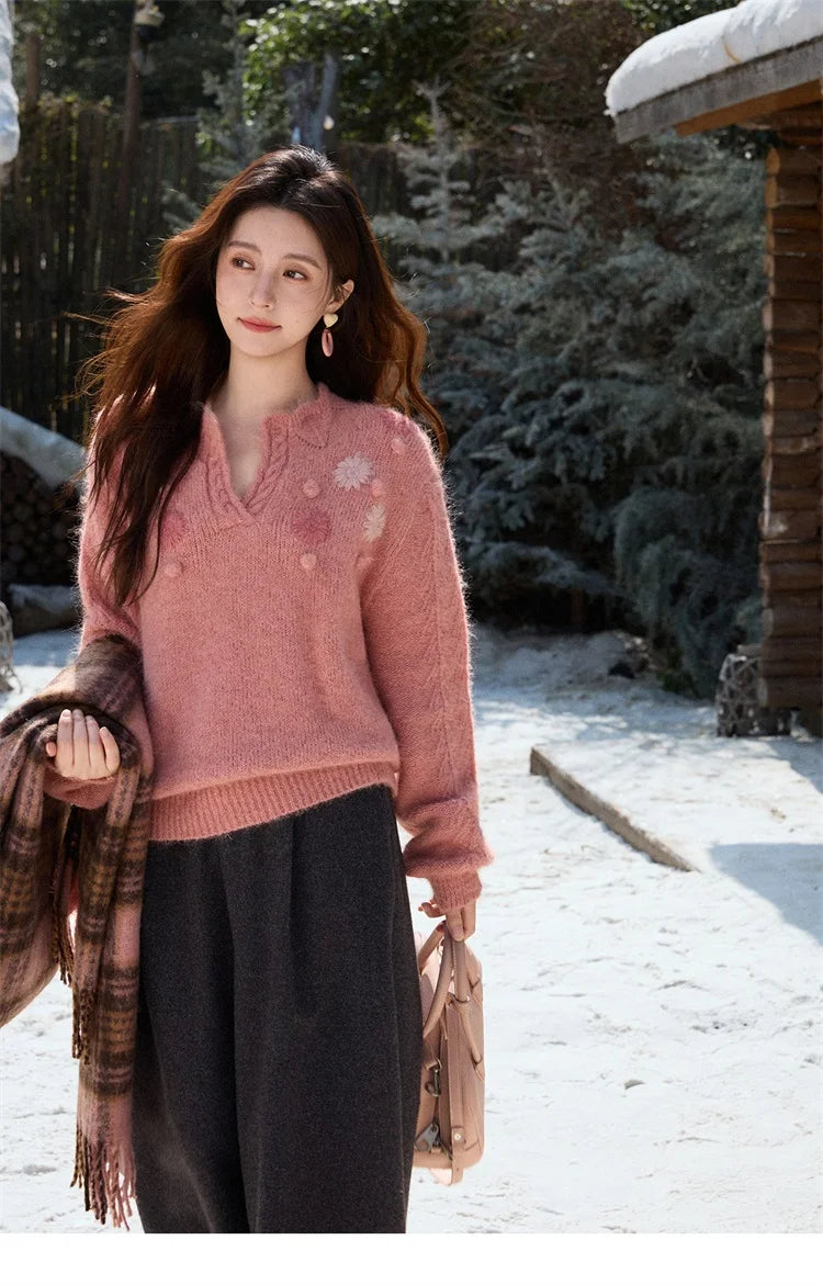 MISHOW Women's Raspberry Pink Wool Blend Sweater 2025 Winter French Floral Pom-Pom Embroidered V-Neck Knitted Top MXE86Z2740