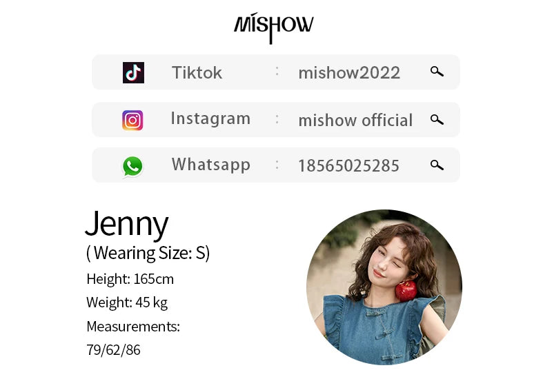 MISHOW Chinese Flying Sleeve Split Denim Dress 2024 Side Flap Buckle Round Neck Denim Waist Loose Knee-Length Dresses MXD22L1851