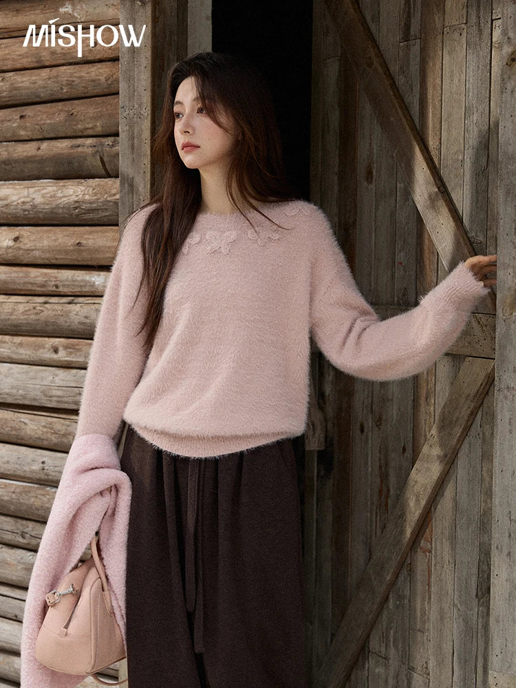 MISHOW Long Sleeve Sweaters 2025 Winter Elegant Loose Handmade Crochet Bowknot Sweater Women's Casual Knitted Top MXE87Z2679