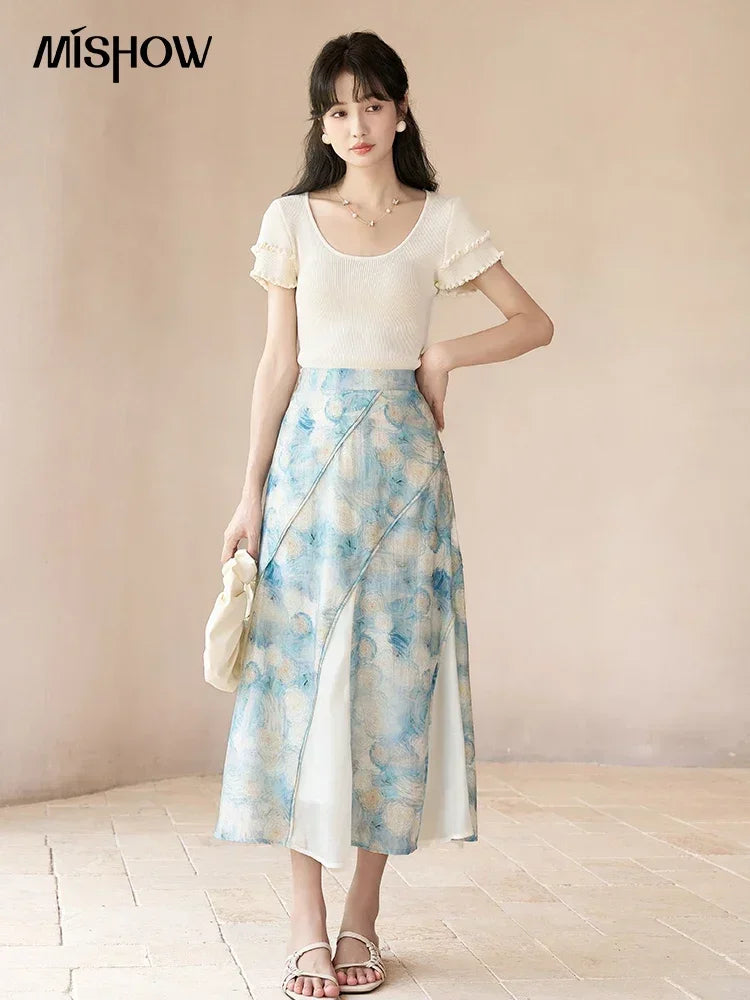 MISHOW French Skirts of Women Fashion 2023 [Van Gogh Collection] Art Pleated High Waist Slim Fit Female A-LINE Skirts MXC39B0095