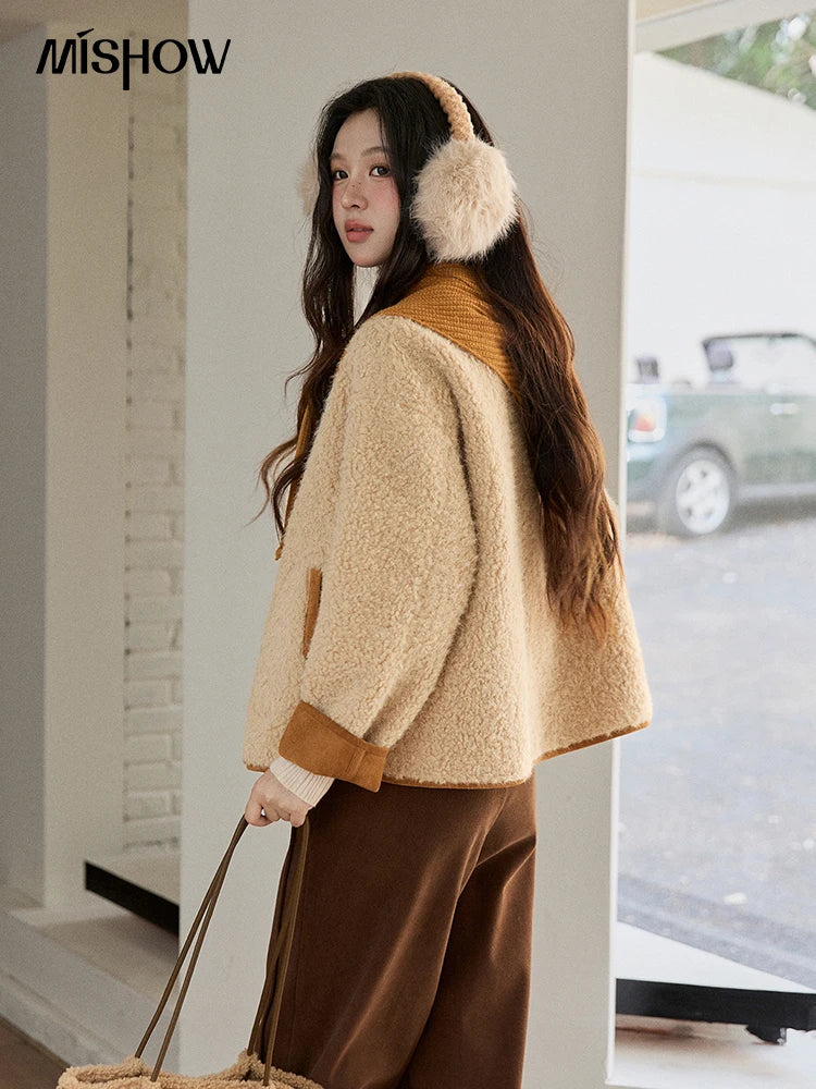 MISHOW Lamb Wool Jacket with Color Blocking Knitted Shawl for Women Winter 2025 Warm Thickened Fur One-piece Coats MXE91W0969