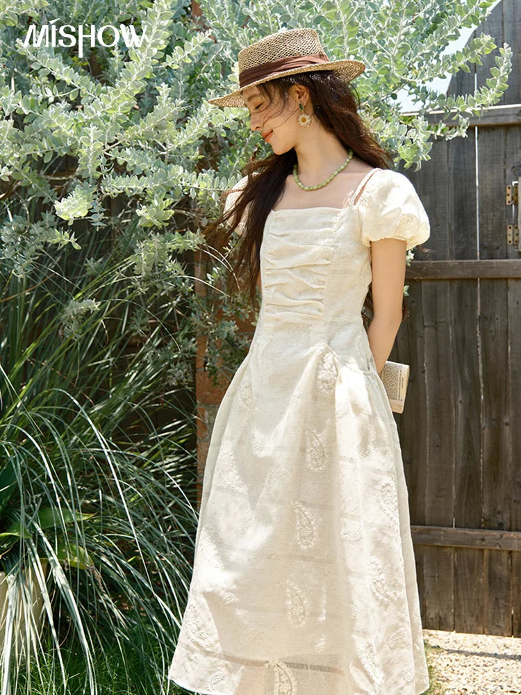 MISHOW Women's Puff Sleeve Dress 2025 Summer Fashion Paisley Embroidery Lady Pocket Dresses Vacation Women's Clothing MXE34L2265