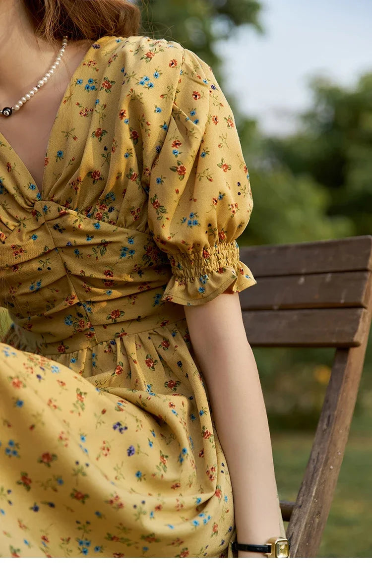 MISHOW Women's Retro Puff Sleeve Flower Dress 2025 Summer Waist Slim A-LINE V-Neck Shirring Female Ankle-Length Dress MXC33L1374