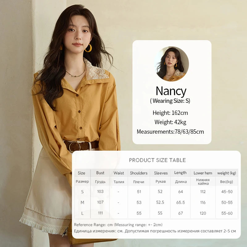 MISHOW Autumn Solid Cotton Shirt Autumn V-neck Double-layer Lace Retro Design Shirts Single Breasted Tops Office Lady MXE41C2366