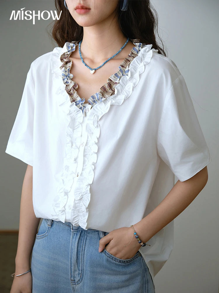 MISHOW Fashion V-neck Shirt for Women Summer 2025 Thin Short Sleeve Patchwork Double Layer Fungus Edge Button Top MXE35X1793