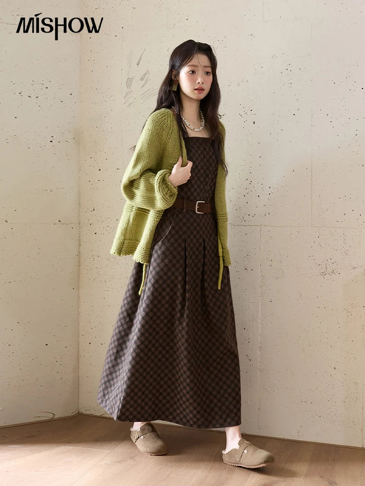 MISHOW Women's Avocado Green Knitted Cardigan 2025 Winter Lantern Sleeve Sweater Female V-neck Lace-up Loose Cardigan MXE51Z2694