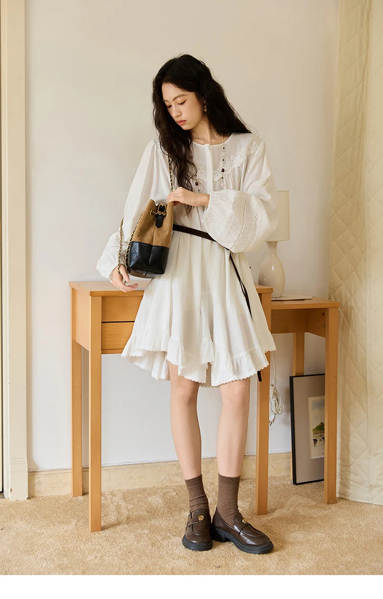 MISHOW Woman White Dress 2025 Autumn French Style O-neck Lace Ruffled Lantern Sleeves Dress Long Sleeves Party Dress MXE46L2519