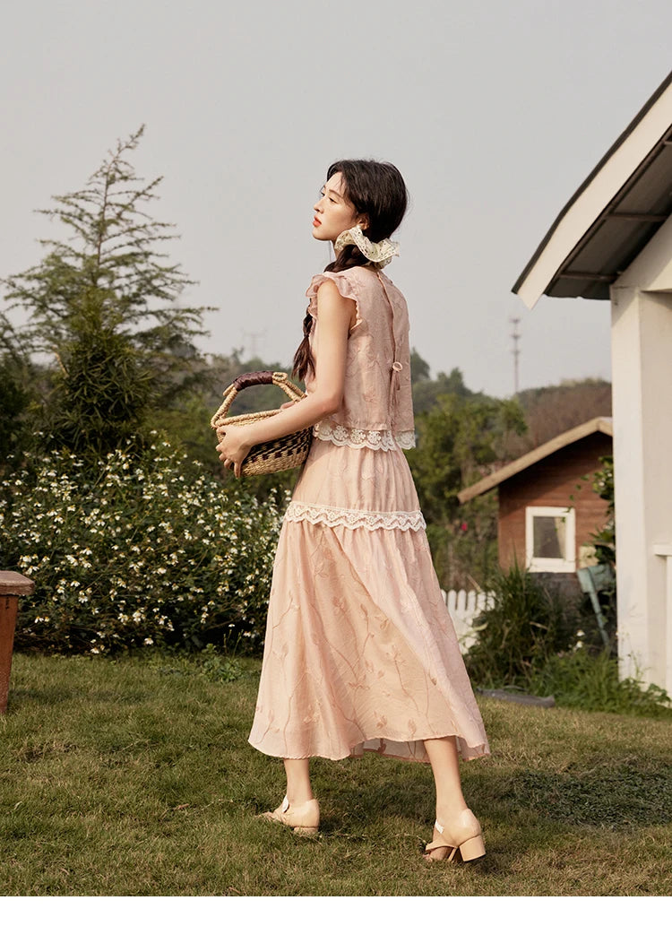 MISHOW Sweet Summer Skirt Sets Women New 2025 Short Flying Sleeve Round Neck Tops Hollow Embroidery A-line Skirt Lady MXE33T0545