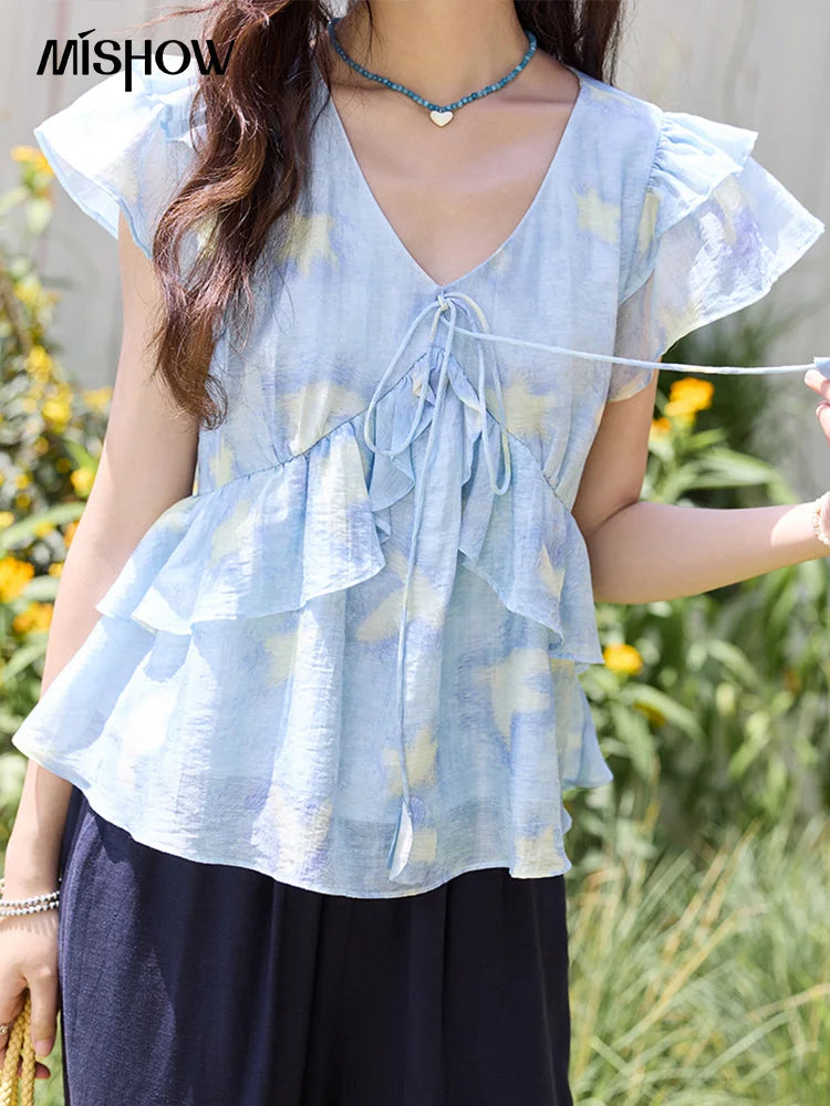 MISHOW Blue Double-layer Ruffled Linen V-neck Blouse for Women Summer 2025 Slim Flying Sleeve Breathable Lace-up Tops MXE33X1819