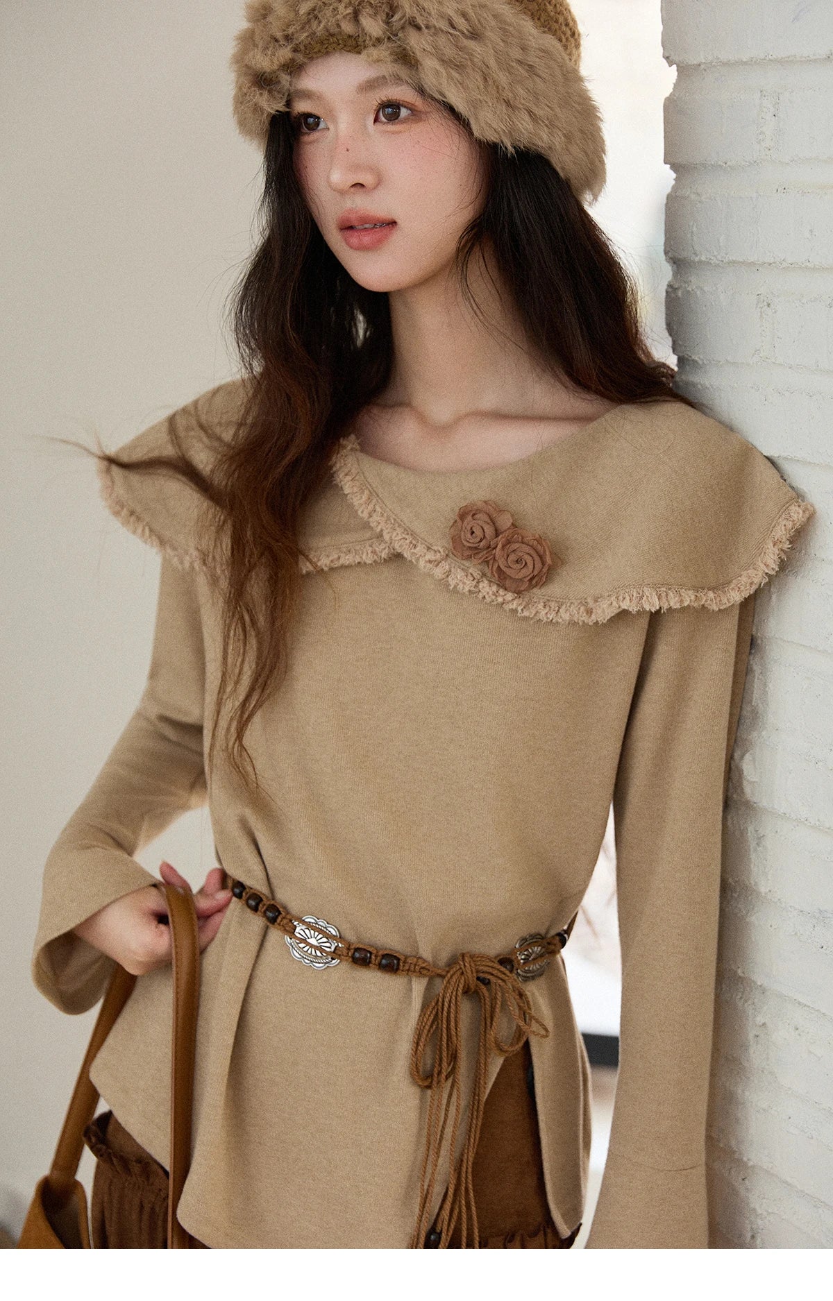 MISHOW  Women's Long-sleeved Tops 2025 Winter Retro Brown Three-dimensional Flower Decoration Round Neck Knitted Tops MXE51Z2593