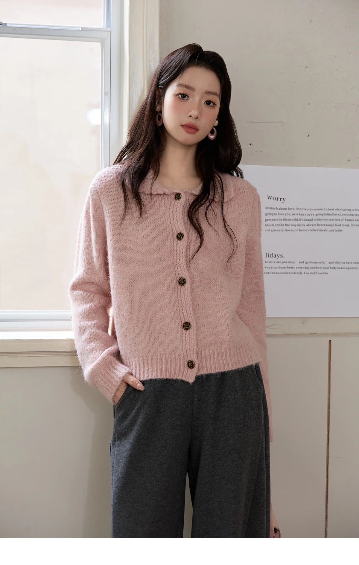 MISHOW Pink French Cardigan Women 2025 Autumn Winter New Sweet Turn-down Collar Single-breasted Loose Knit Sweater MXE48Z2569