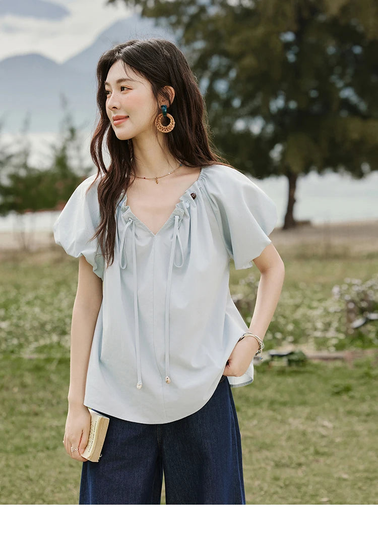 MISHOW Solid French Summer Blouses Woman 2025 New Short Puff Sleeve V-neck Beaded Retro Shirts Women Fashion Tops MXE33X1757