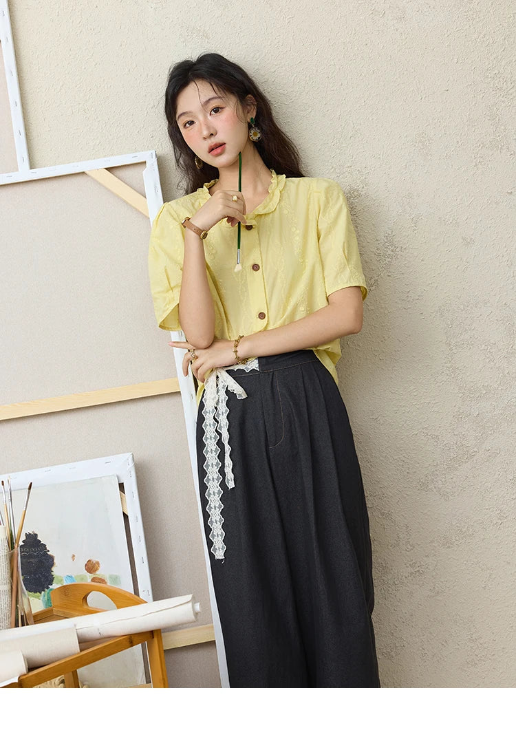 MISHOW 100% Cotton Women's Puff Sleeve Shirt 2025 Summer New Fashion Round Neck Button Top Casual Female Clothing MXE36X1873