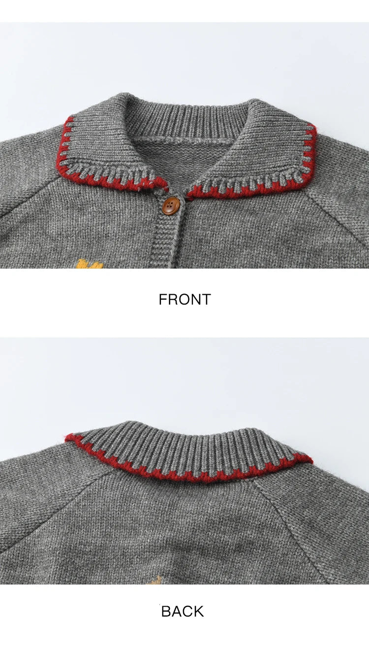 MISHOW Dog Cartoon Jacquard Knitted Cardigan for Women 2025 Loose Retro Turn-down Collar Casual Women's Sweaters MXE86Z2727