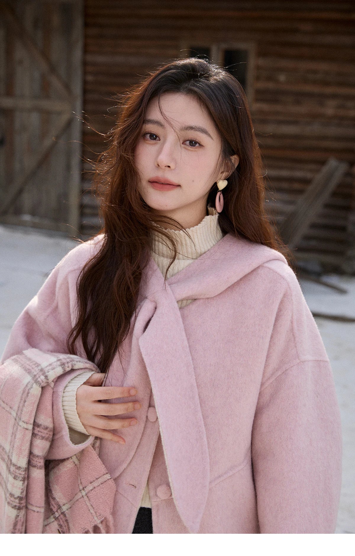 MISHOW Pink Wool Double-sided Woolen Coat Winter Hooded Bow Tie Strap Coats Loose Dropped Sleeves Coat Office Lady MXE91W1010