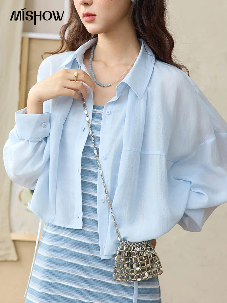 MISHOW Women's Blue Striped Camisole Dress Lyocell Shirt Separately Summer 2025 Lapel Solid Shirt O-neck Strap Dress MXE34L2285