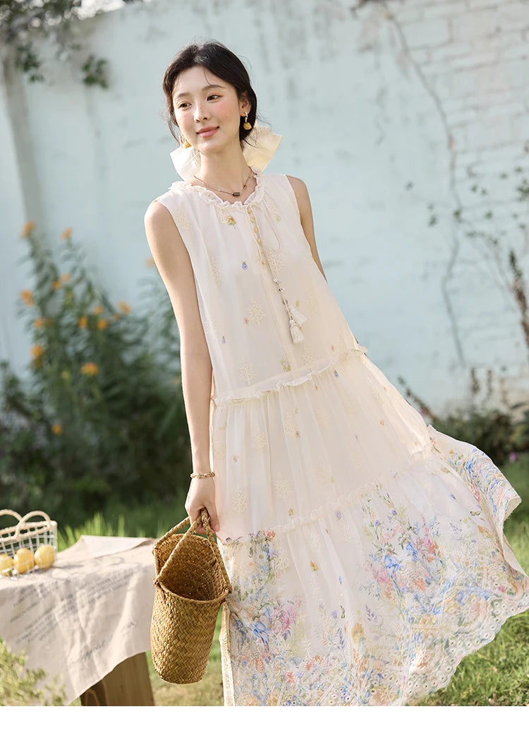 MISHOW Women's Fashion Sleeveless Print Dress 2025 Summer New Mushroom Edge O-Neck Lace Up Tassels Loose Midi Dresses MXE36L2253