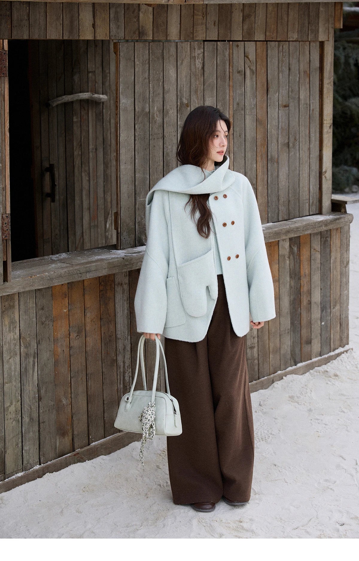 MISHOW 100% Wool Mint Green Double-sided Woolen Coats for Women Winter 2025 Warm Loose Coat with 2-in-1 Scarf Gloves MXE92W1014