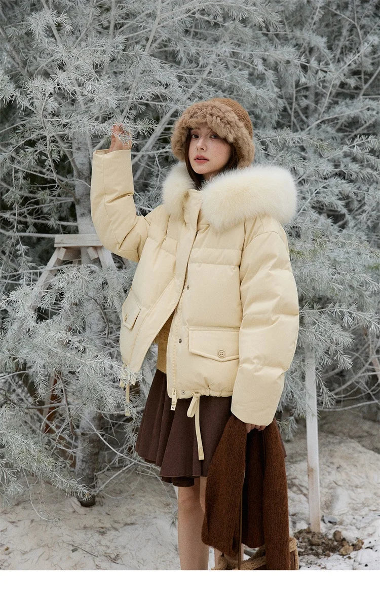 MISHOW Short Lightweight Puffer for Women 2025 Fashion Loose Long-sleeved Down Jacket Detachable Fur Collar Warm Coat MXE87Y0084