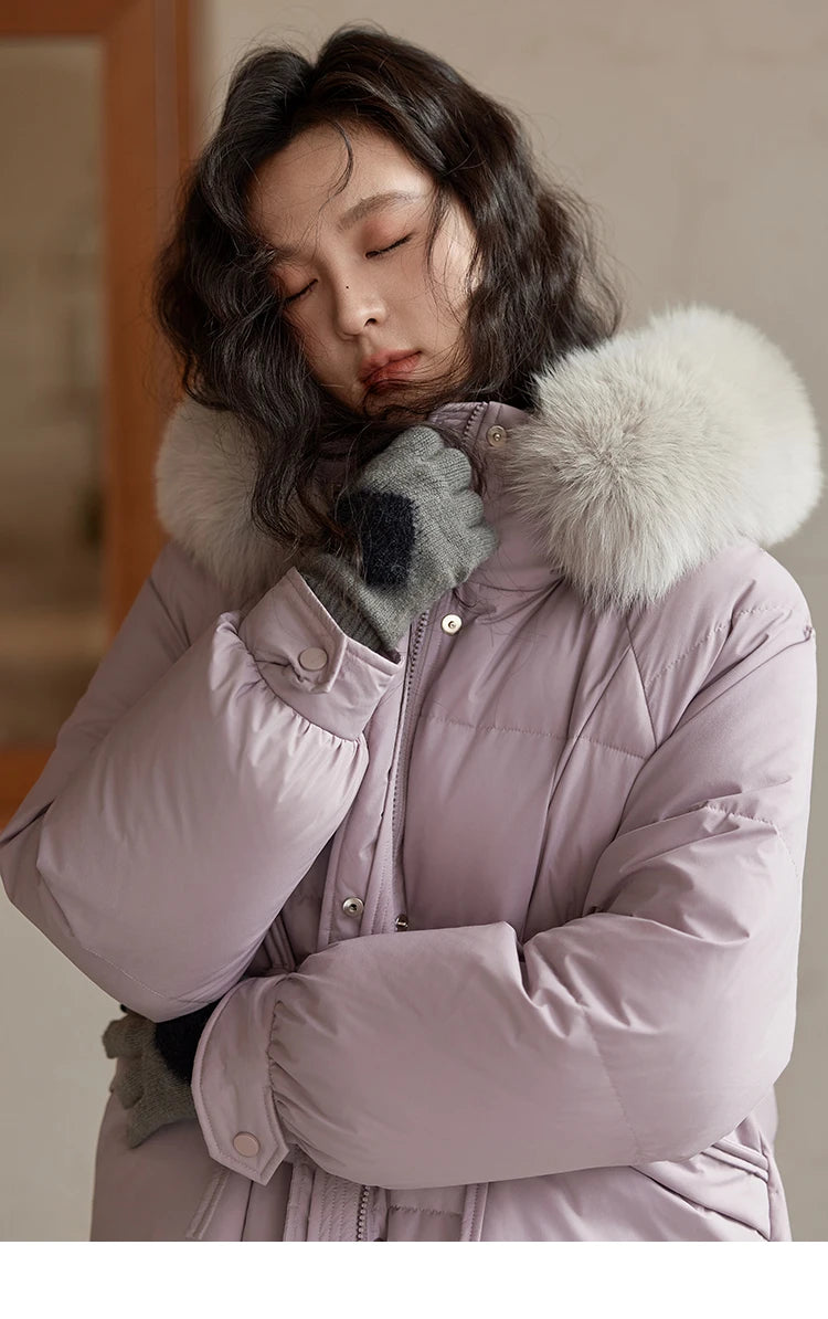 MISHOW Long Hooded Down Coats Fox Fur Collar Bread Jacket Duck Down Quilt Clothing 2024 Winter Women Thickened Coat MXD56Y0054