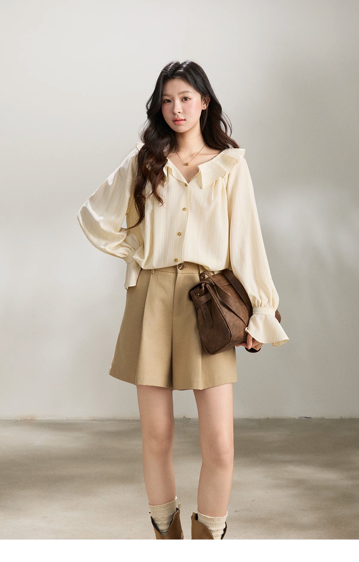 MISHOW Women's Ruffled Collar Striped Shirt 2026 Spring Flare Sleeve Elegant Casual Loose Long Sleeve Top Office Lady MXF13C2438