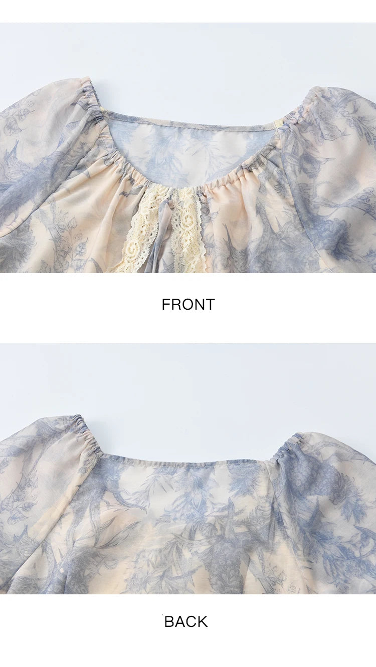 MISHOW Woman Elegant Dress 2025 Autumn Romantic Blue Floral Dress Lace Panel Drawstring A-line Long Dress Autumn MXE45L2507