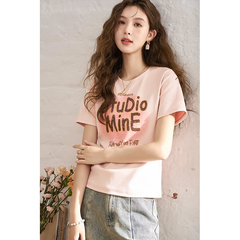 MISHOW Letter Print Short Sleeve T-shirt for Women 2024 Spring Summer New Loose Casual Tshirt Woman Crew Neck Tee Top MXD13T0164