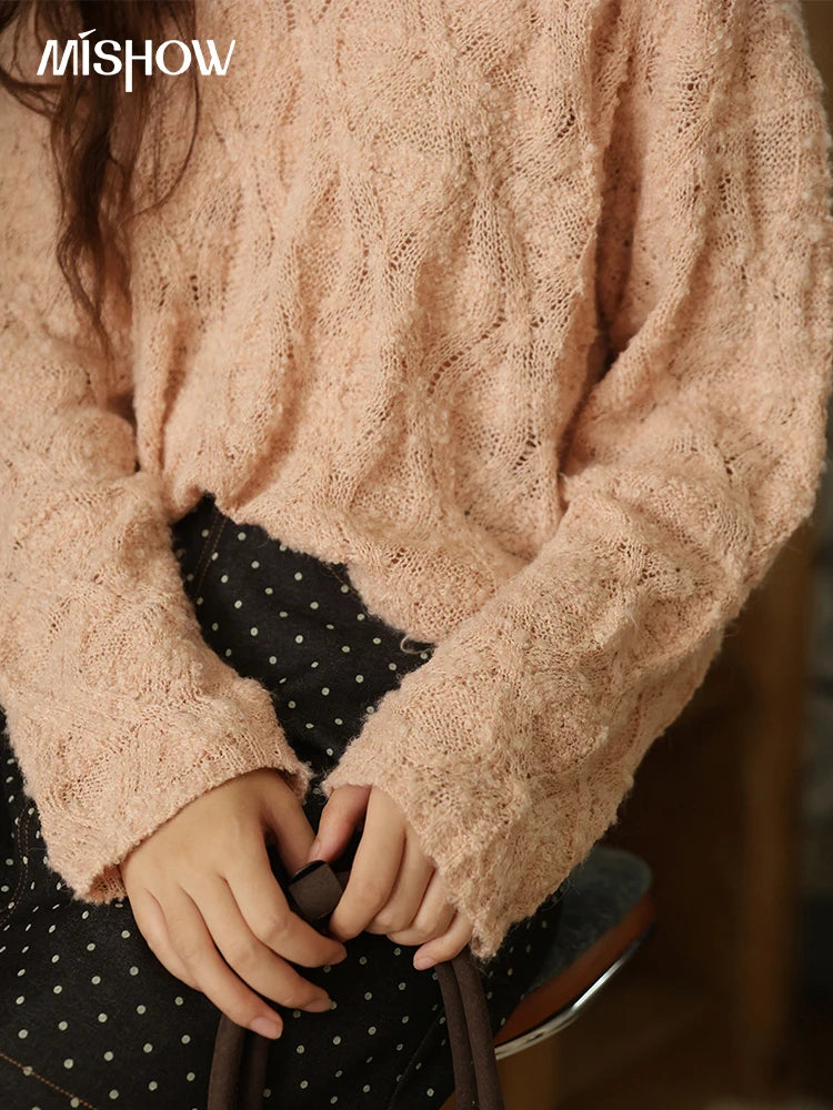 MISHOW Bamboo Loop Yarn Knitted Sweater for Women Autumn 2025 Hollow V-neck Lace Sweater Casual Solid Pullovers Tops MXE43Z1349