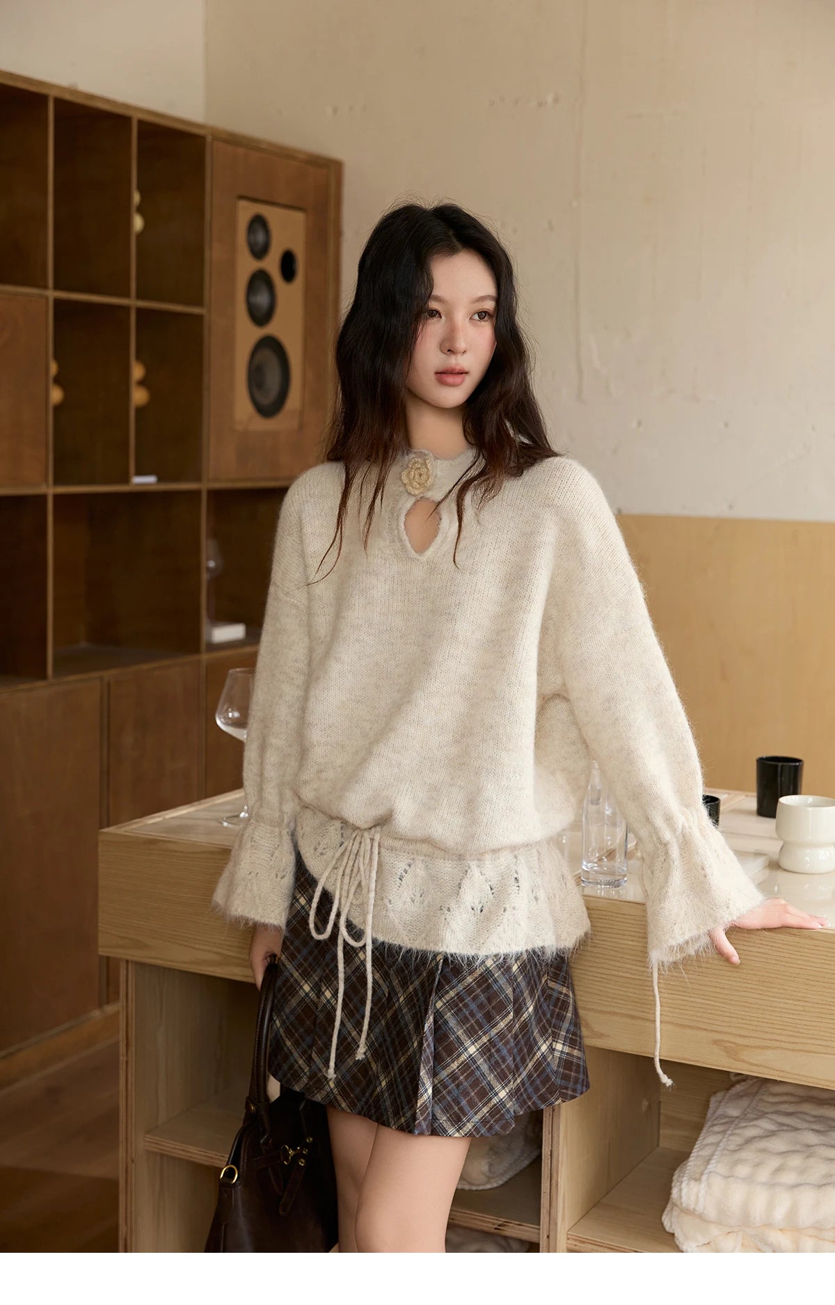 MISHOW Apricot Drawstring Waist Pullovers Women 2025 Winter New Luxury Three-dimensional Flower Hollow Out Sweater MXE88Z2709