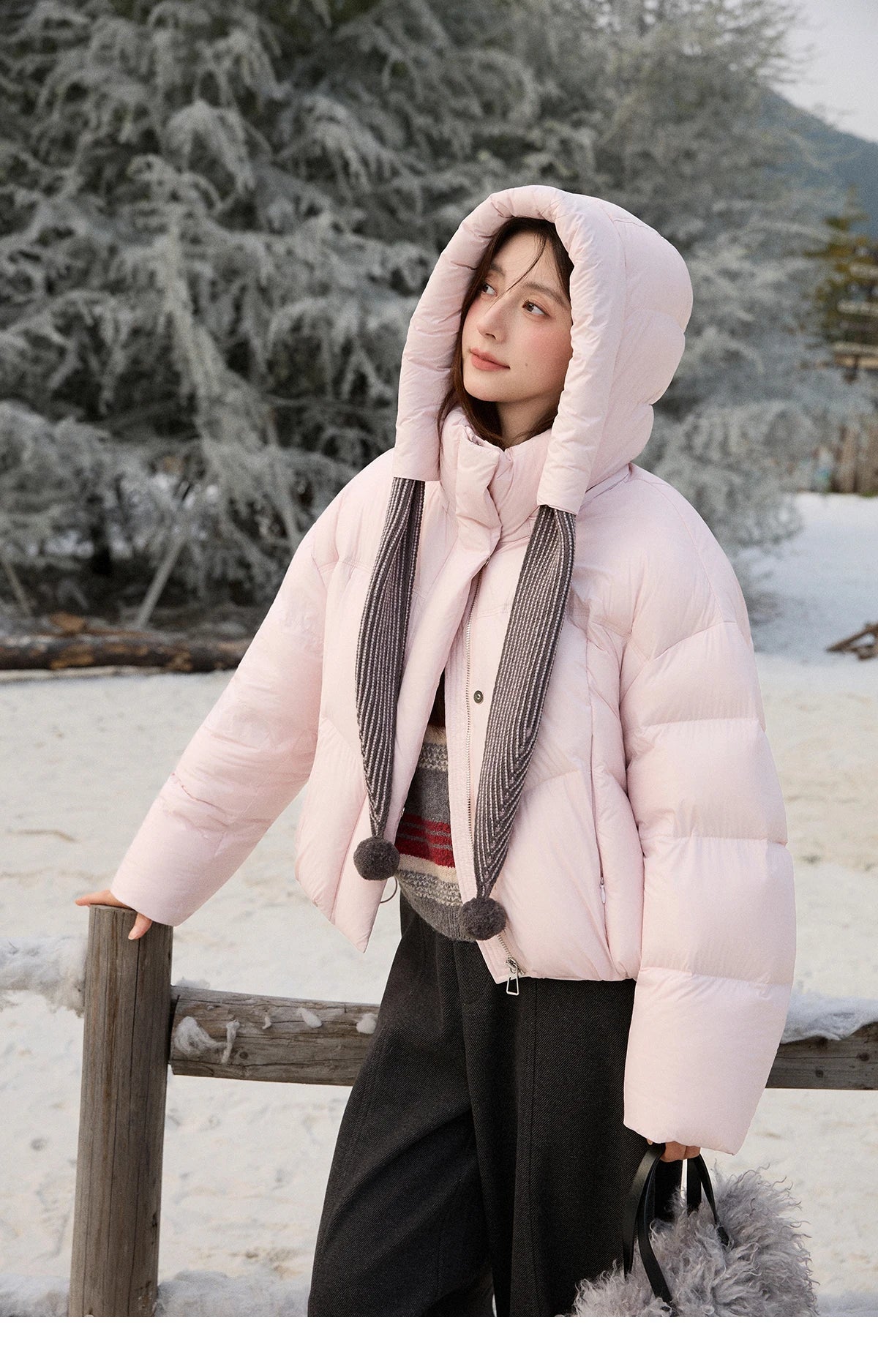 MISHOW Women's Pom-Pom Hooded Down Jacket 2025 Winter Sweet Short Lightweight Down Jackets Warm Windproof Coat MXE92Y0088