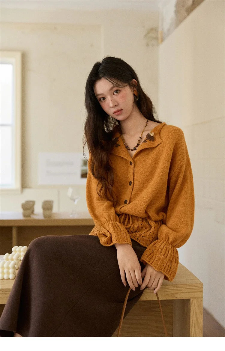 MISHOW Orange Cardigan Women 2025 Winter Retro Openwork Crochet Pattern Knit Top Loose Warm Flared Sleeves Sweater MXE87Z2685