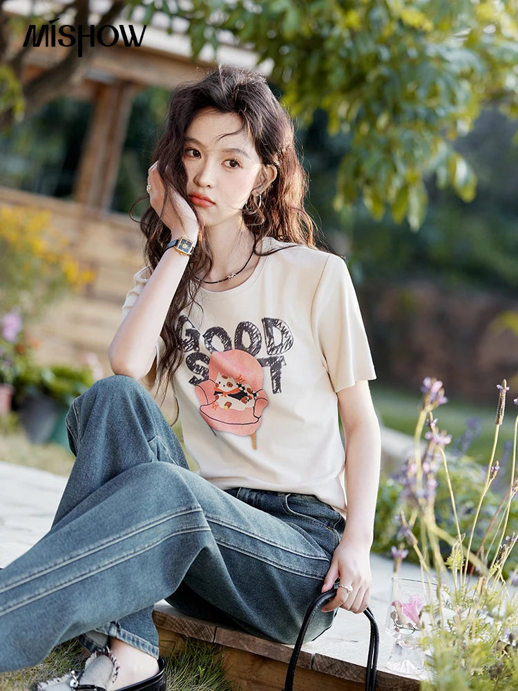 MISHOW Printed Cotton T-shirts for Women Spring 2025 Loose Slim Short Round Neck Tees Versatile Soft Casual Tops MXE13T0461
