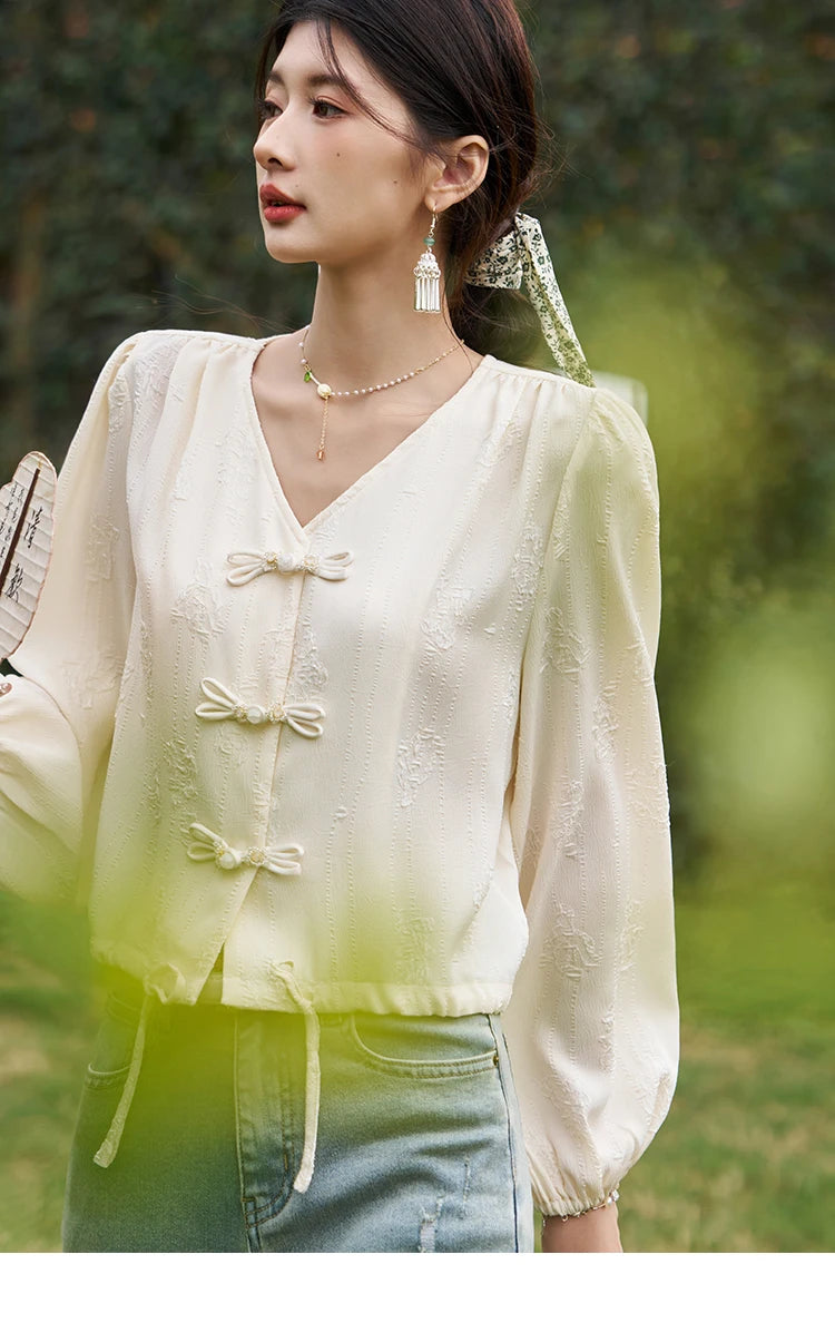 MISHOW Chinese Button Up Single Row Shirt for Women 2024 Spring Jacquard Hem Drawstring Puff Sleeve Solid Loose Top MXD14X1386