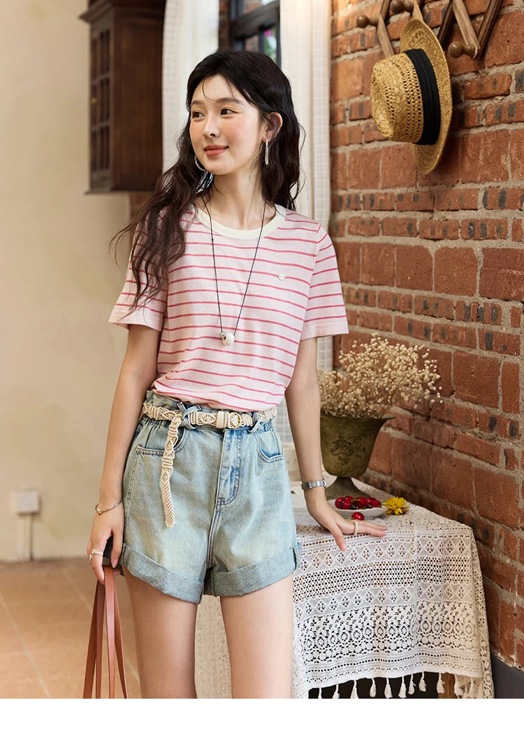 MISHOW Retro Light Blue Denim Shorts for Women Summer 2025 Fashion High Waist Washed Button Zipper Wide Leg Shorts MXE35K0944