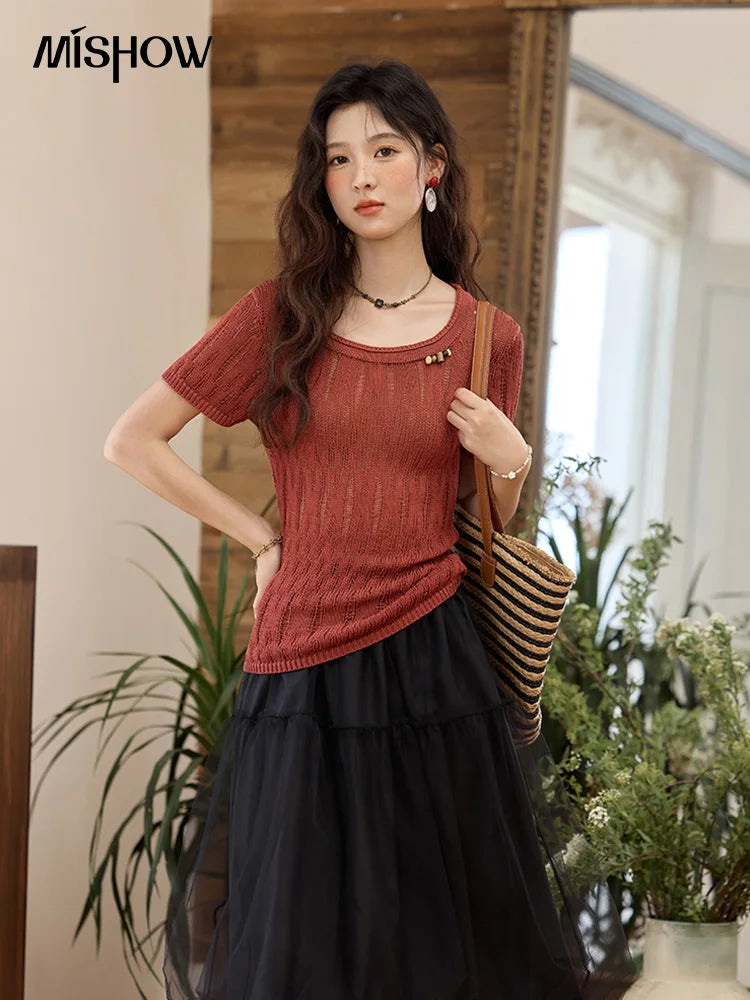 MISHOW Retro Red Hollow Thin Knitted Sweater Shirt for Women 2025 Summer Beads Short Sleeves Knitted Breathable Top MXE35Z1271